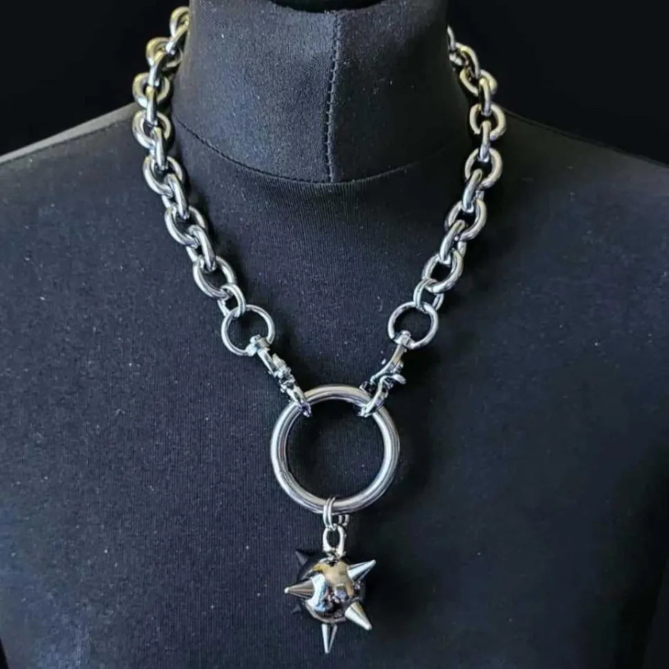 Gothic Spiked Mace Pendant Choker Necklace — Silver-Tone