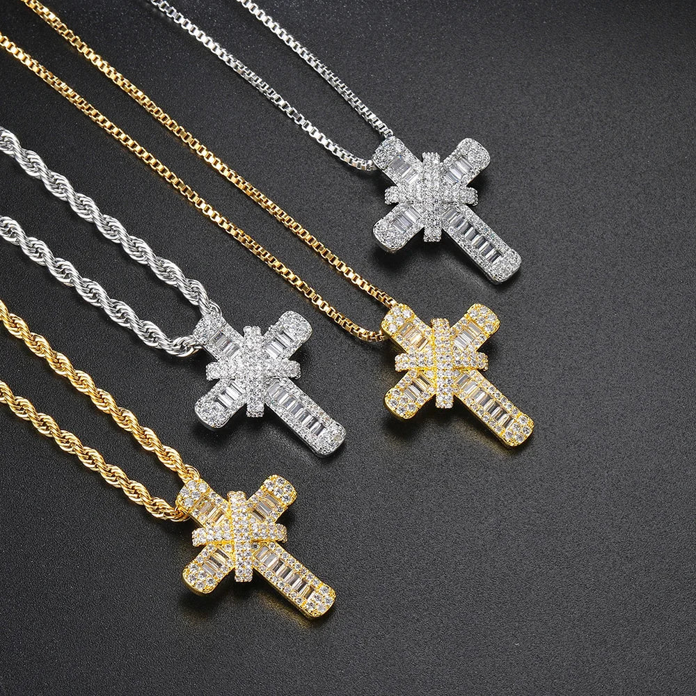 Cross Pendant Rope Box Chain Necklace Iced Out CZ