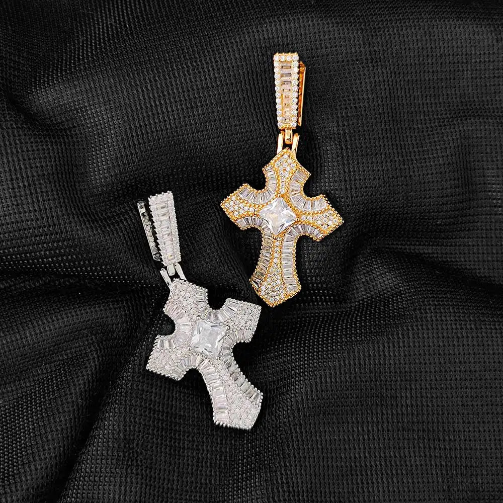 Iced Out Cross Pendant Necklace CZ Rectangle