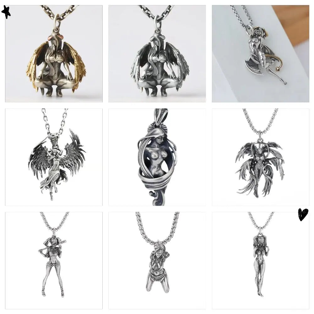 Vintage Punk Mythology Style Metal Sexy Angel Goddess Pendant Necklace for Men Women Classic Mysterious Souvenir Jewelry