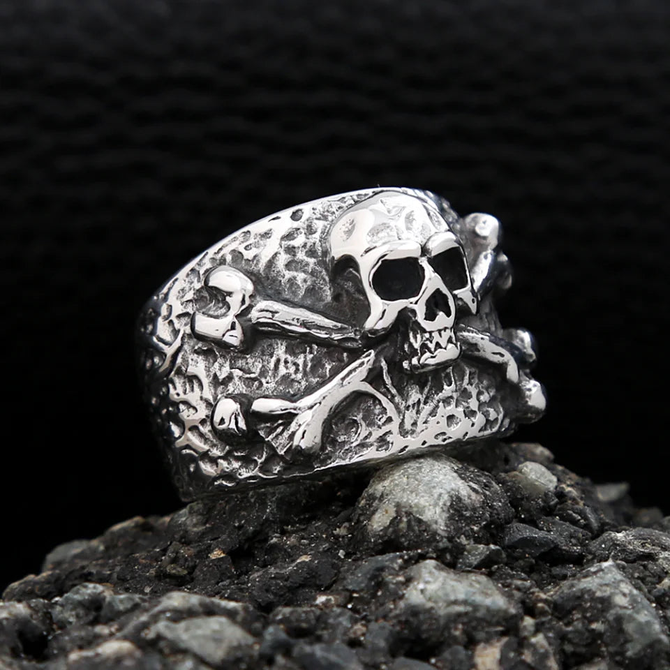 Punk Vintage Stainless Steel Crossbones Pirate Skull Ring For Men Boys Biker Hip Hop High Quality Fashion Jewelry Gift