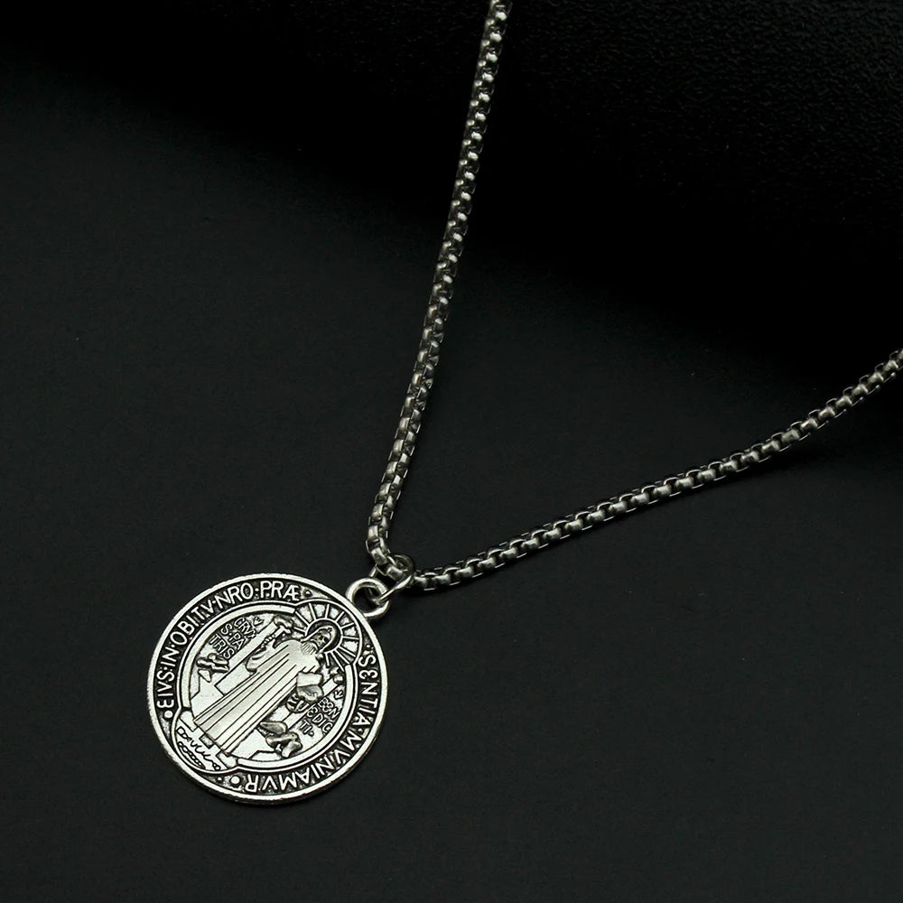 Saint Medal & Jesus Cross Pendant Necklace — Stainless Steel