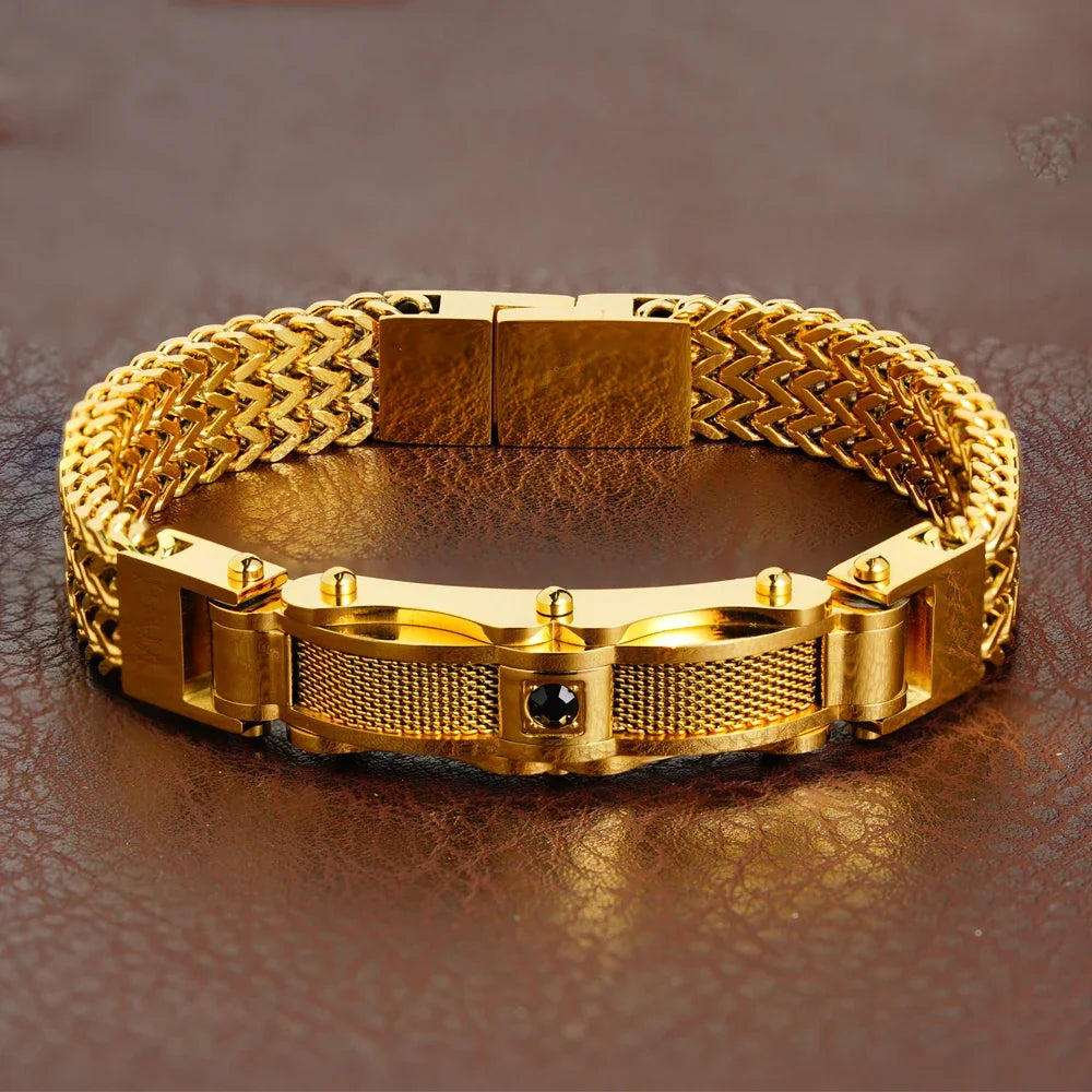 Punk Stainless Steel Bracelet 21 Cm Franco Link Chain Inlaid With Large-Grained Zircon Magnet Clasp