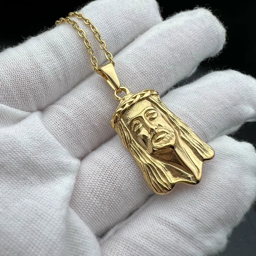 Classic Jesus Old Man Head Face Pendant Religious Stainless Steel Christian Thorns Jesus Head Charms Necklace Jewelry