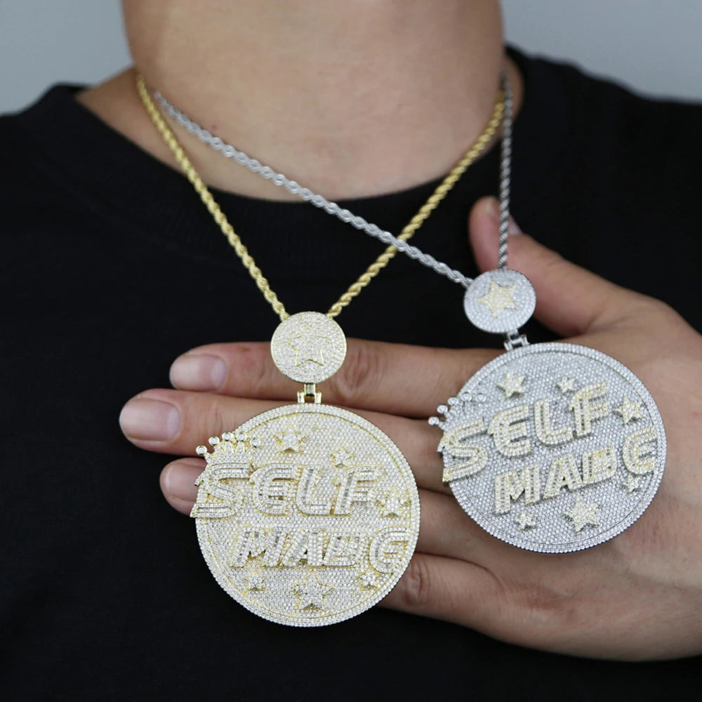 Iced Out Self Made Pendant Necklace Big Silver Color Cubic Zirconia CZ Heavy Chunky Letter Round Star Charm Hip Hop