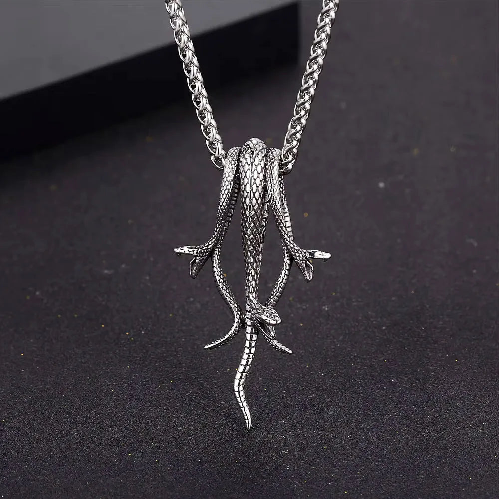 Retro Gothic Three Headed Long Snake Pendant Necklace Stainless Steel Punk Biker Snake Necklace For Men Women Fashion Jewelry