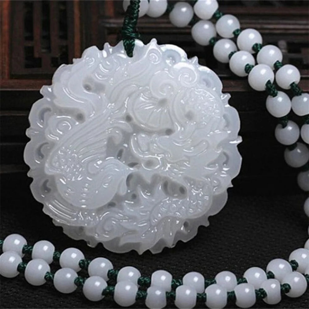 Natural White Afghan Stone Jade Carved Chinese Dragon Phoenix Lucky Pendant Amulet Necklace Charm Gift Jewelry