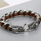 Punk Rocker Dragon Head Bracelet Man Braided Genuine Leather & 316l Stainless Steel Men's Wrist Strap Bracelets Handles
