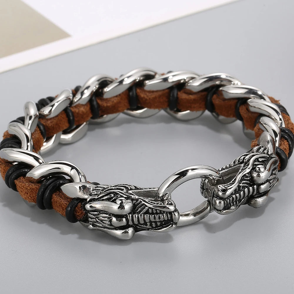 Punk Rocker Dragon Head Bracelet Man Braided Genuine Leather & 316l Stainless Steel Men's Wrist Strap Bracelets Handles