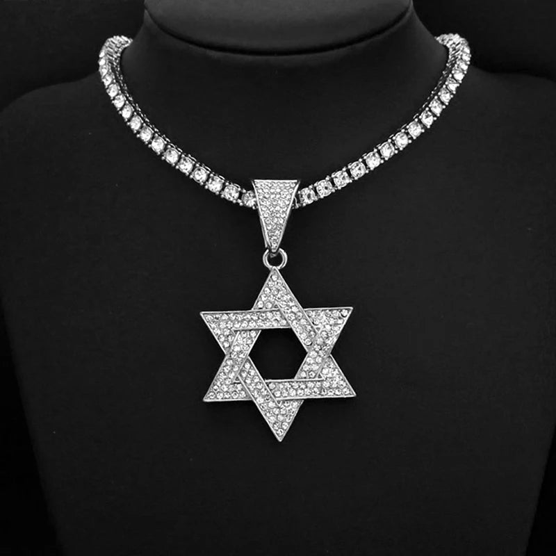 Fashion Star of David Pendant Necklace Women Men Hip Hop Tennis Cuban Chain Necklaces Classic Six-pointed Star Jewish