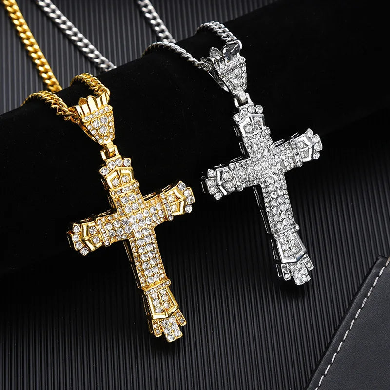 Gold Iced Out Cross Pendant Necklace Vintage Link