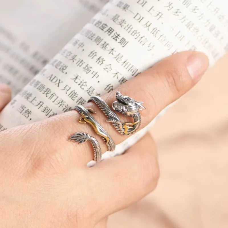 Buyee 925 Sterling Silver Unique Big Ring Elegant Chinese Dragon Open Ring Finger for Men Rock Punk Fine Jewelry Circle