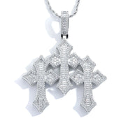 Iced Out Triple Cross Pendant Necklace — Gold 3"