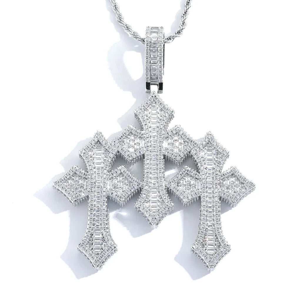 High Quality 3Inch Mens Hip Hop Cross Pendant New Release Iced out Triple Cross with Stone Charm Necklace Made Brass