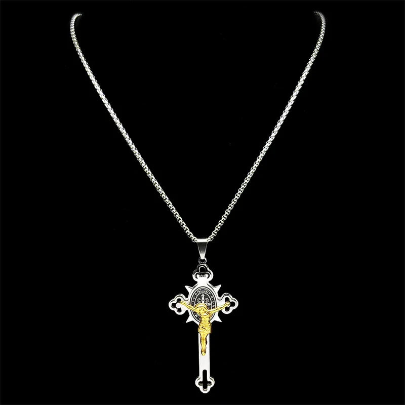 Saint Benedict Crucifix Cross Pendant — INRI Box Chain 60cm