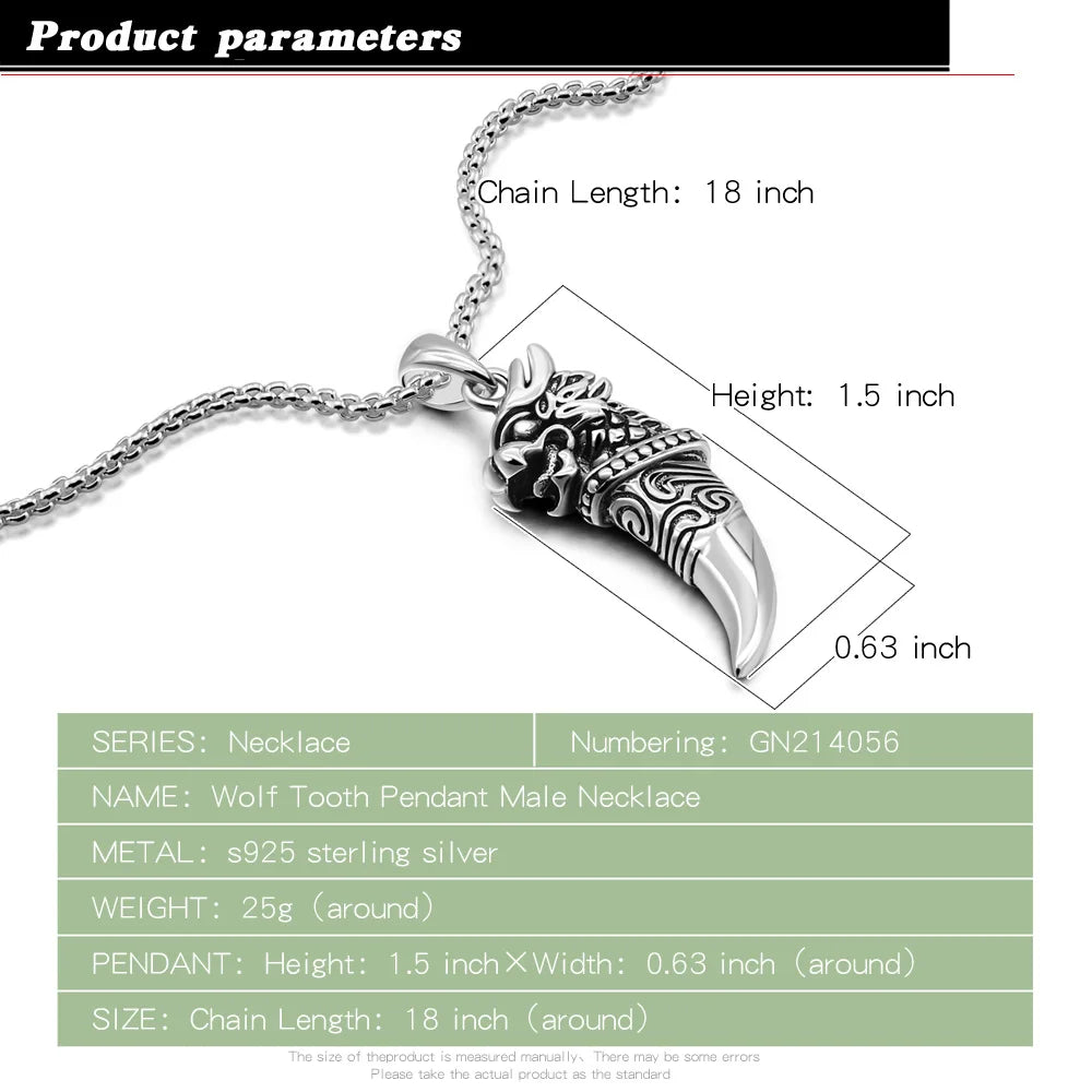 New Genuine 925 Sterling Silver Necklace For Men Hot Sale Wolf Tooth Pendant Choker Man Punk Cool Male Fashion Fine Jewelry