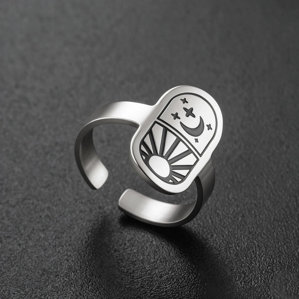 Sun Moon Star Adjustable Ring Vintage Celestial Tarot Signet Ring Stainless Steel Statement Open Ring Wiccan Spiritual