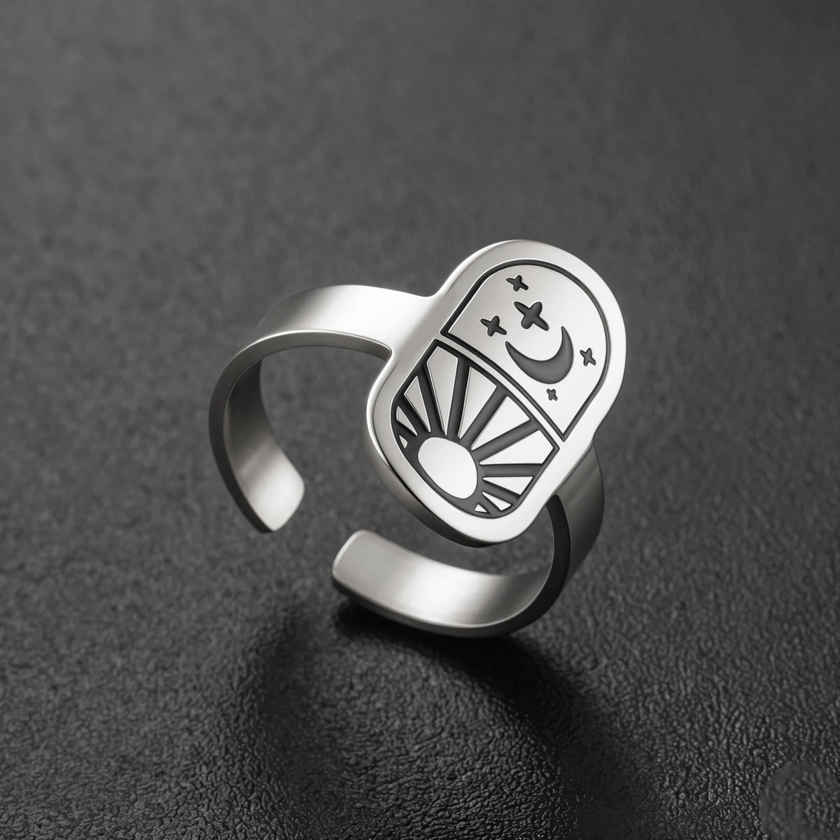 Sun Moon Star Adjustable Ring Vintage Celestial Tarot Signet Ring Stainless Steel Statement Open Ring Wiccan Spiritual