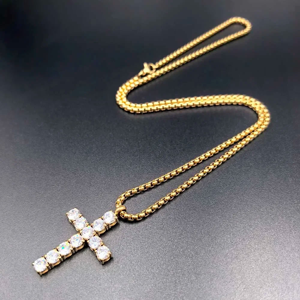High quality 24K Gold Plated Jesus Christ Cross Pendant Hip hop Rap Golden Crucifixio Cuban Chain Necklace Men Jewelry