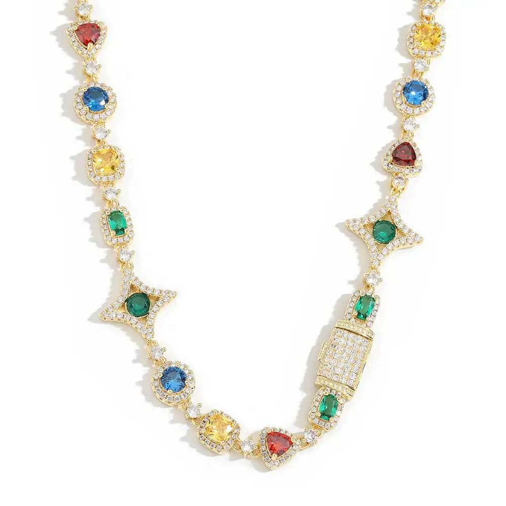 Gold Iced Out Chain Necklace Colored Gemstone