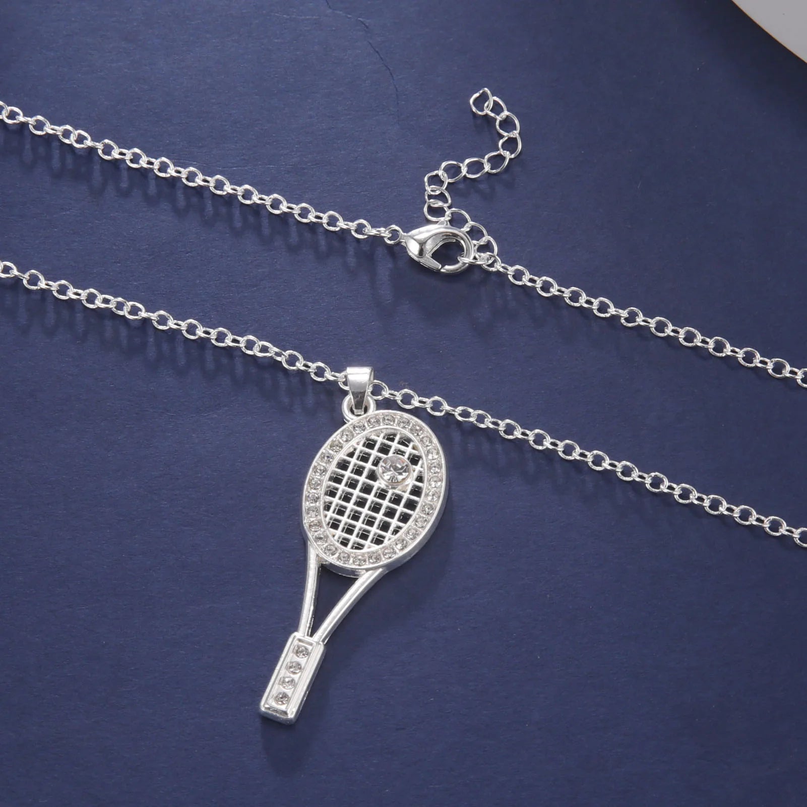 HIPEE Trendy Zinc Alloy Shiny Crystal Tennis Racket Pendant Necklace for Women Girls Sports Series Charm Necklaces Party Jewelry