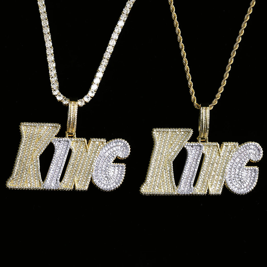 Aokaishen Iced Out King Necklace Pendant for Men 5A Cubic Zirconia Prong Setting Hip Hop Jewelry