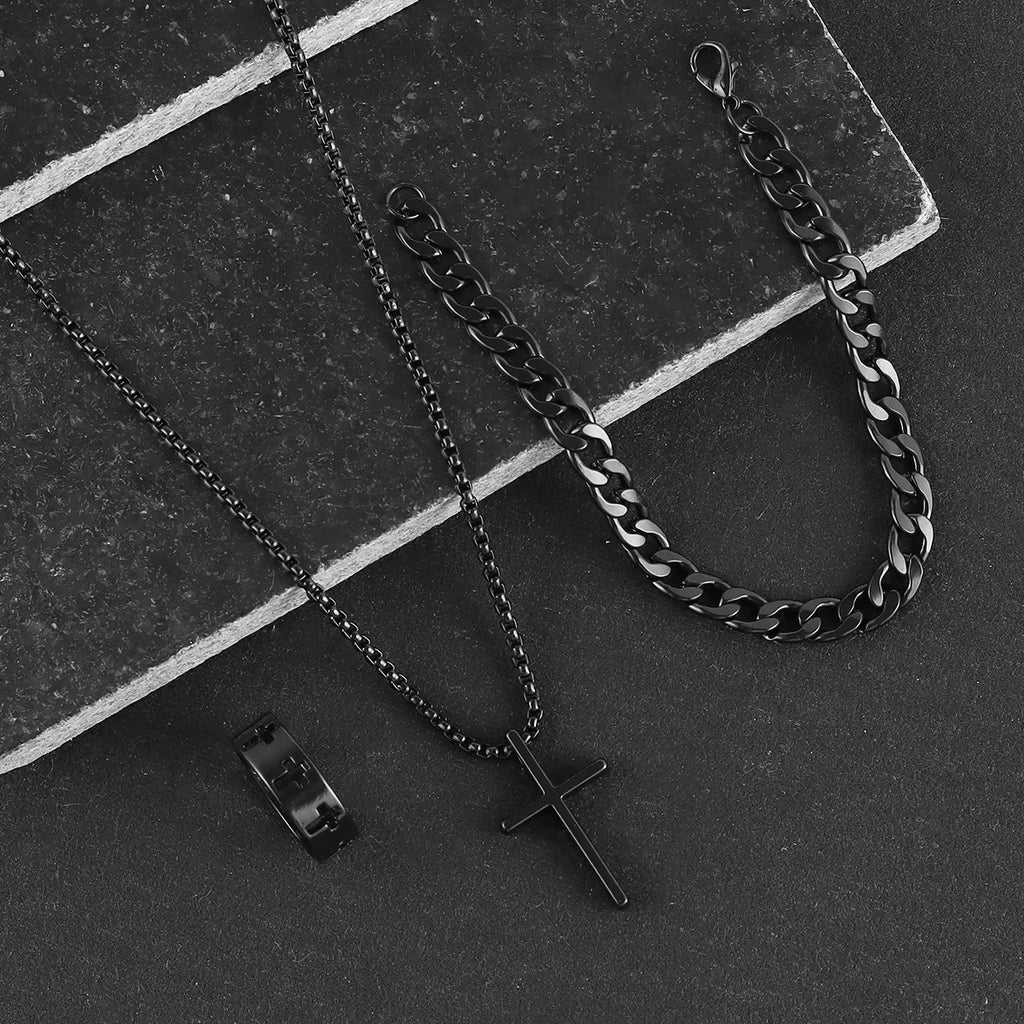 Black Cross Cuban Chain Necklace Ring Bracelet Set