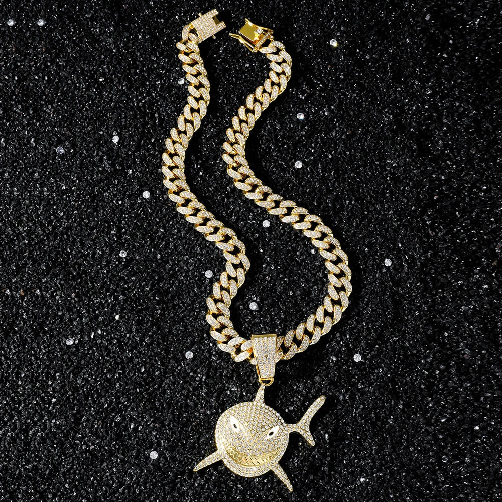 Big Size Shark Pendant Necklace For Men Hip Hop Bling Jewelry With 13mm Iced Out Rhinestone Miami Cuban Chain Fashion