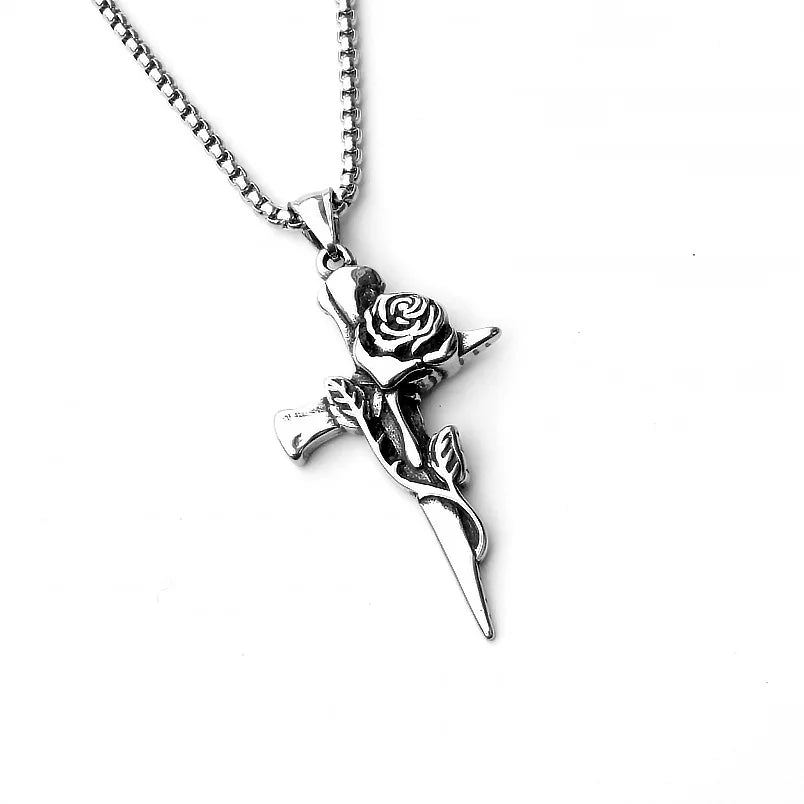 Hip Hop Retro Rose Cross Titanium Steel Men's Necklace Vintage Alloy Steel Accessory Pendant Necklace Gifts