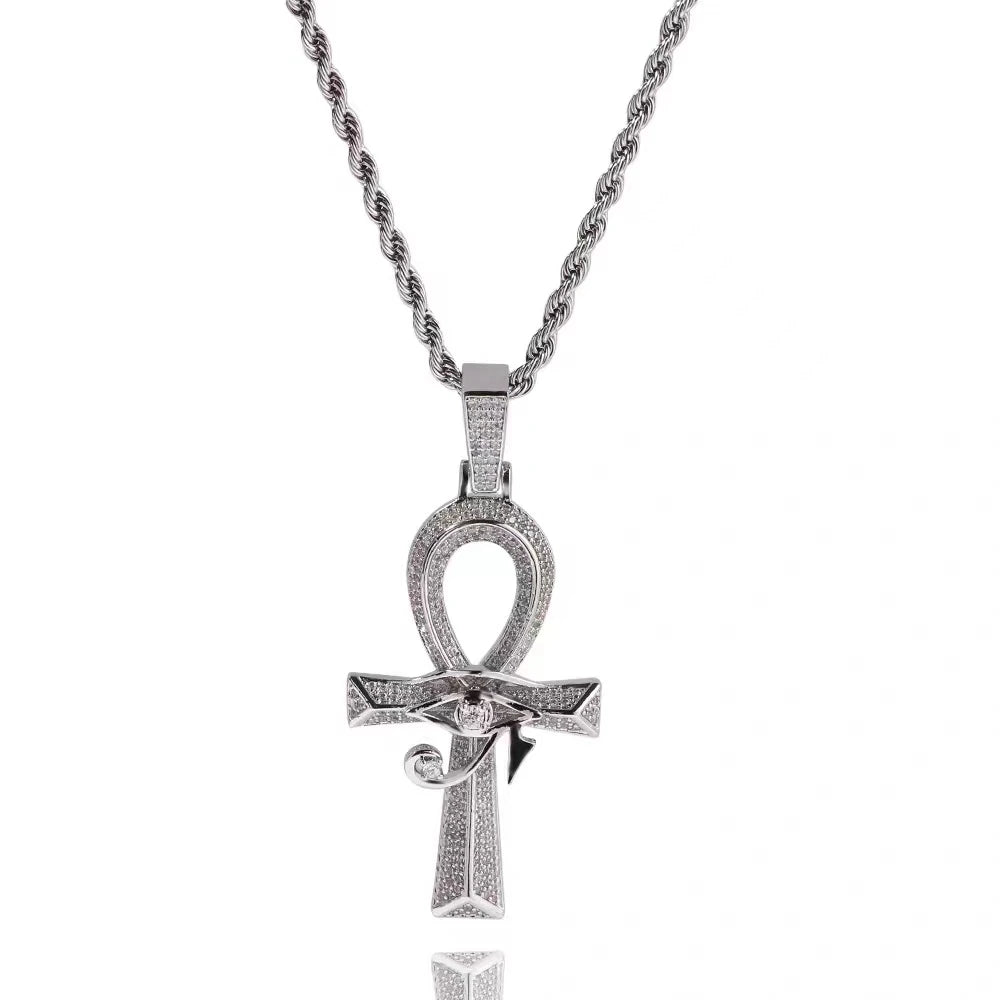 Shining Iced Out Ancient Egyptian God Eye of Horus Cross Pendant Necklace for Men and Women Hip Hop Trendy Amulet