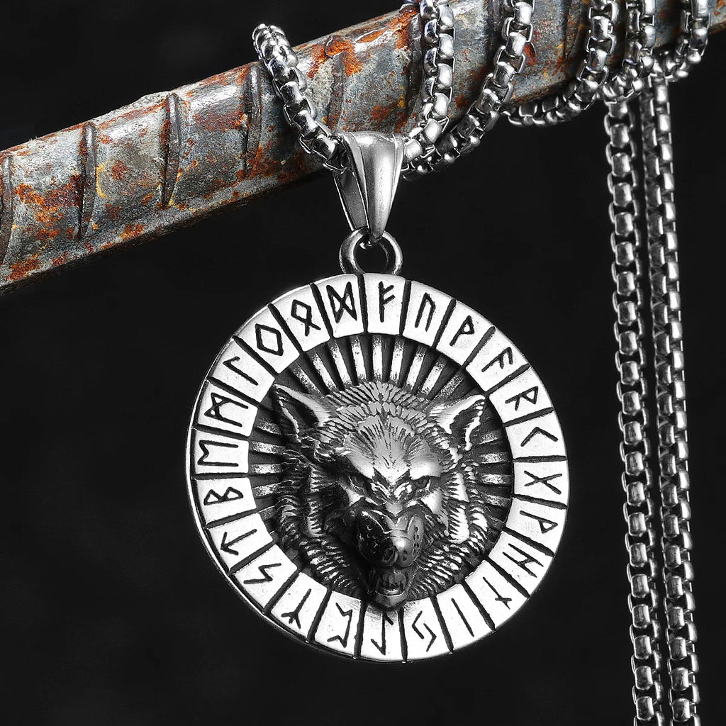 Viking Runes Wolf Pendant Necklace for Men — Stainless Steel