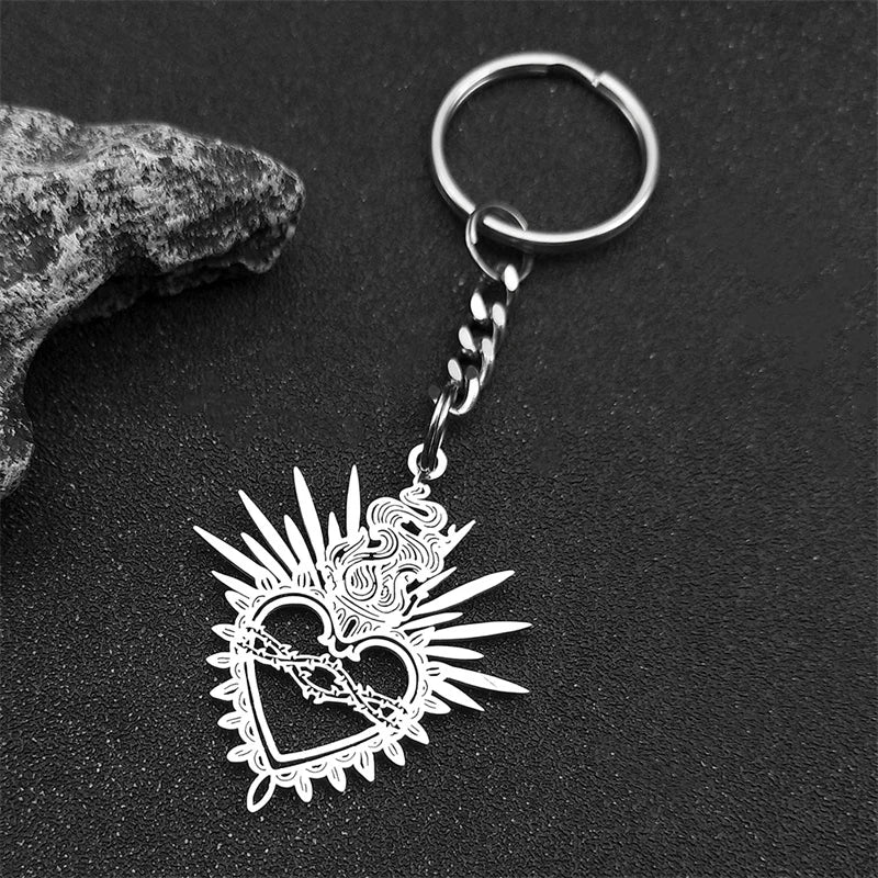 Heart Key Steel Pendant Flaming Sacred Thorns