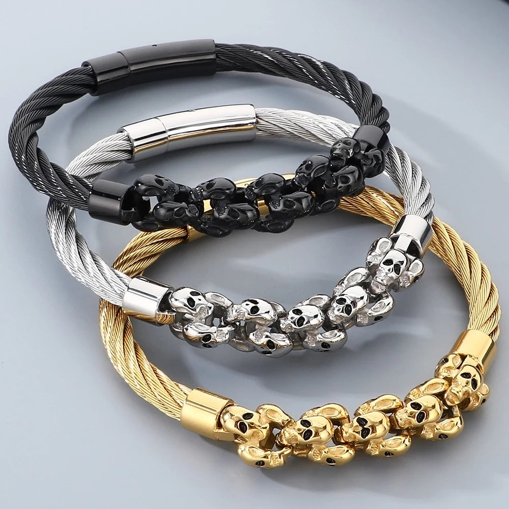 Gothic Men's Skull Bracelet for Man Steampunk 6MM Width Braided Stainless Steel Wire Chain Jewelry
