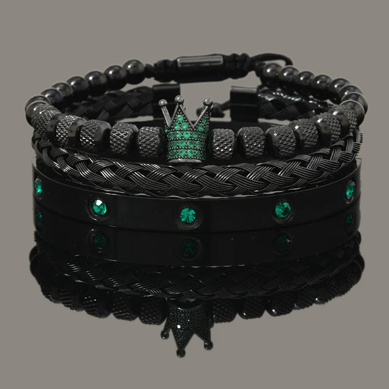 Green Eye Leopard Head & Crown Crystal Bracelet — Stainless Steel