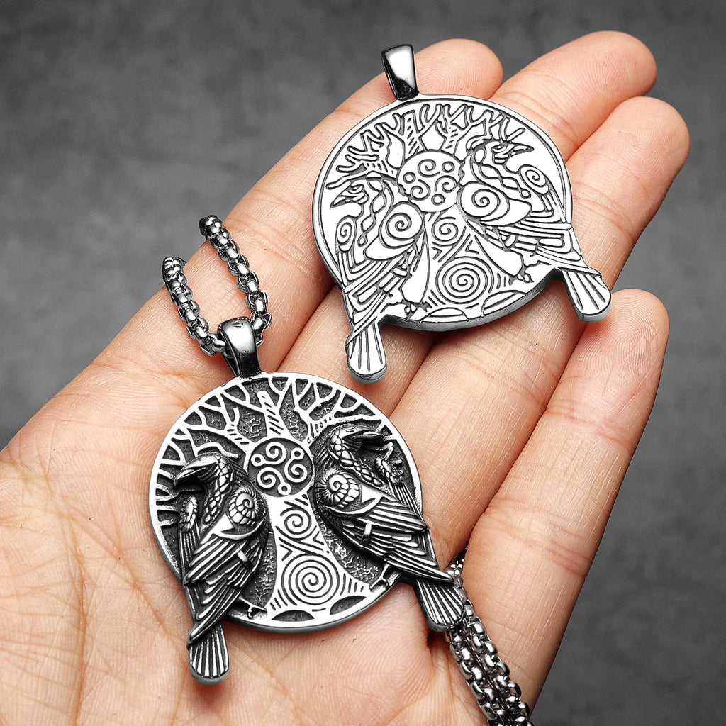 Viking Tree Raven Pendant Necklace — Stainless Steel