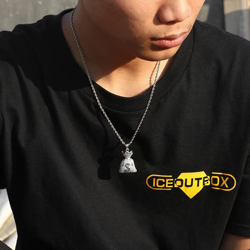 Iced Out Dollar Money Bag Pendant Necklace Hip Hop Full Zircon Unisex Cuban Chain Nightclub Party Jewelry Birthday Gift For Men