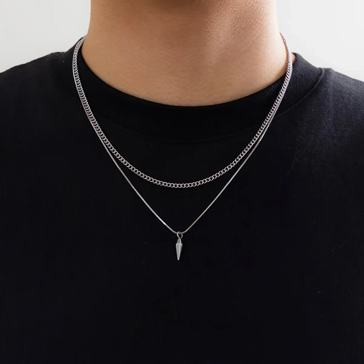 1 piece, men's stainless steel stacked necklace, hip-hop stainless steel round tip cone hanging  necklace, friend gift.jvv