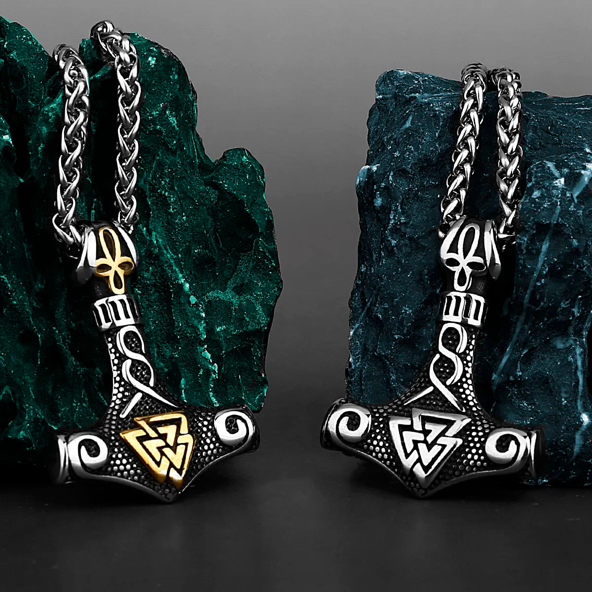 Viking Thor's Hammer Pendant Necklace Men's Vintage Nordic Jewelry Gift Stainless Steel Mixed Gold Color Rune Amulet