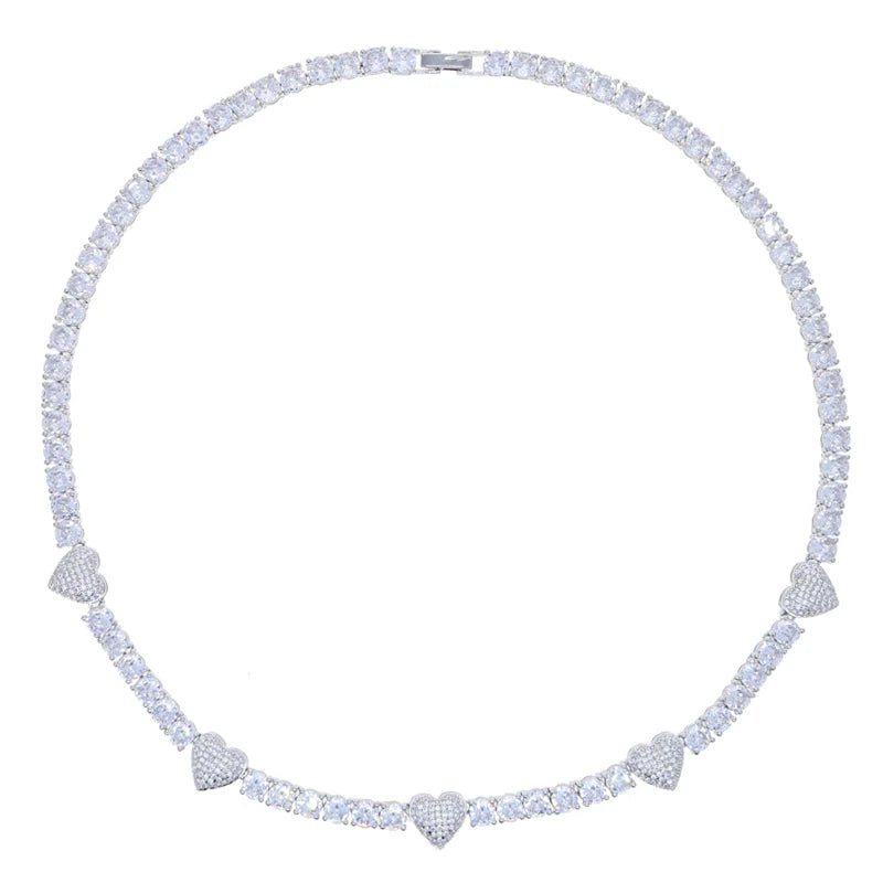 2025 New Iced Out Bling Heart Pendant Necklace Silver Color AAA Zircon 5mm Tennis Chain Charm Women Men Hip Hop Fashion