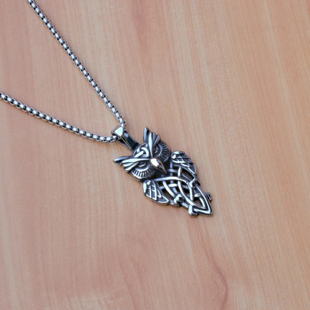 Silver Owl Pendant Necklace Viking Style