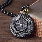 Natural Black Obsidian Hand Carved Chinese Dragon Phoenix Amulet BaGua Necklaces For Men Women Luck Mascot Amulet Male Necklace