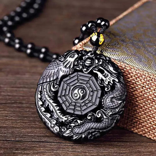 Chinese Dragon Phoenix Black Amulet Ancient Pendant Necklace