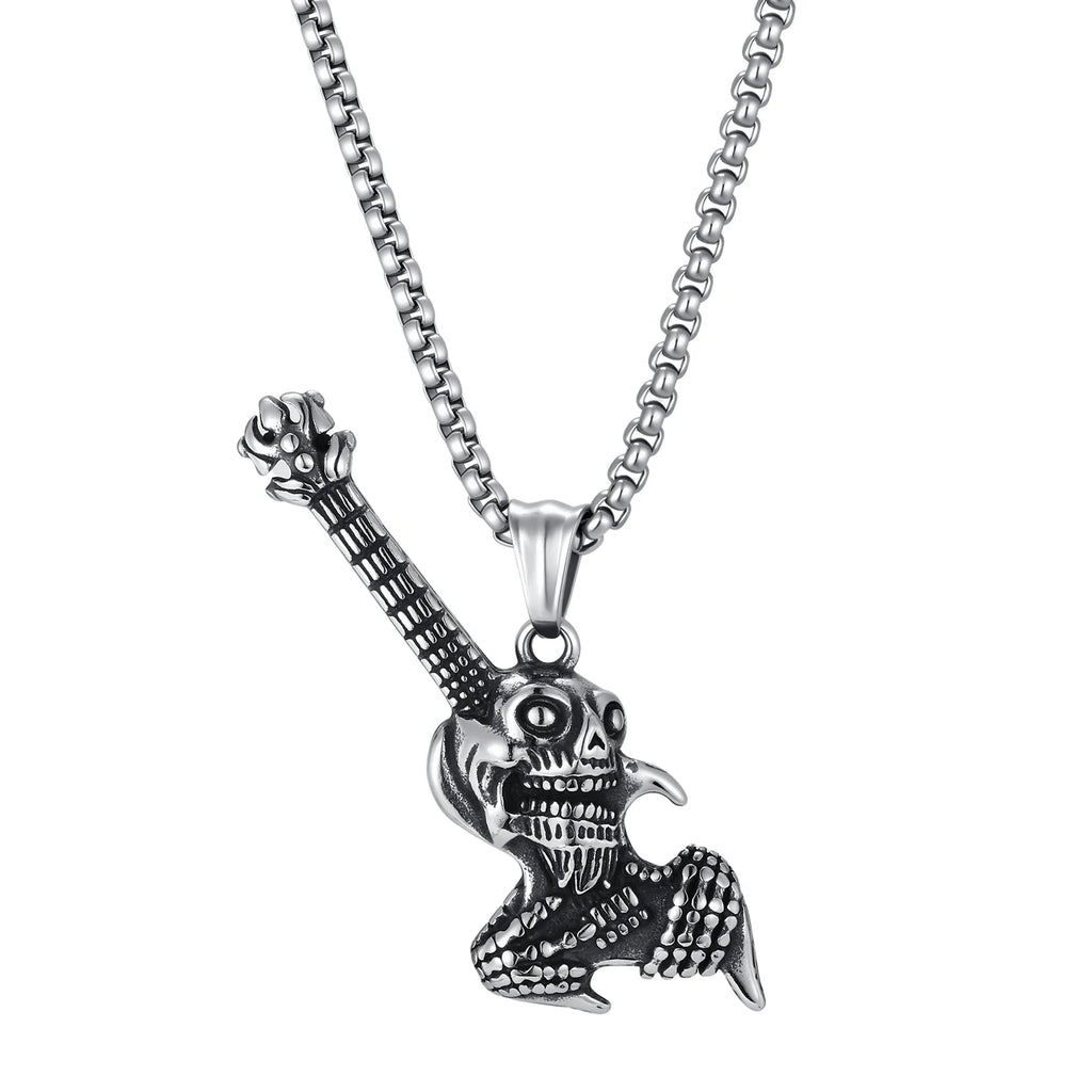 Gothic Hip Hop Skull Skeleton Guitar Necklace for Men Punk Instruments Pendant Stainless Steel Chain Neck Rock Jewelry Accessory
