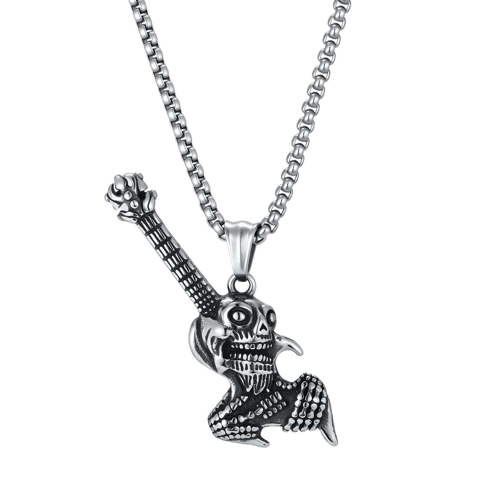 Gothic Hip Hop Skull Skeleton Guitar Necklace for Men Punk Instruments Pendant Stainless Steel Chain Neck Rock Jewelry Accessory