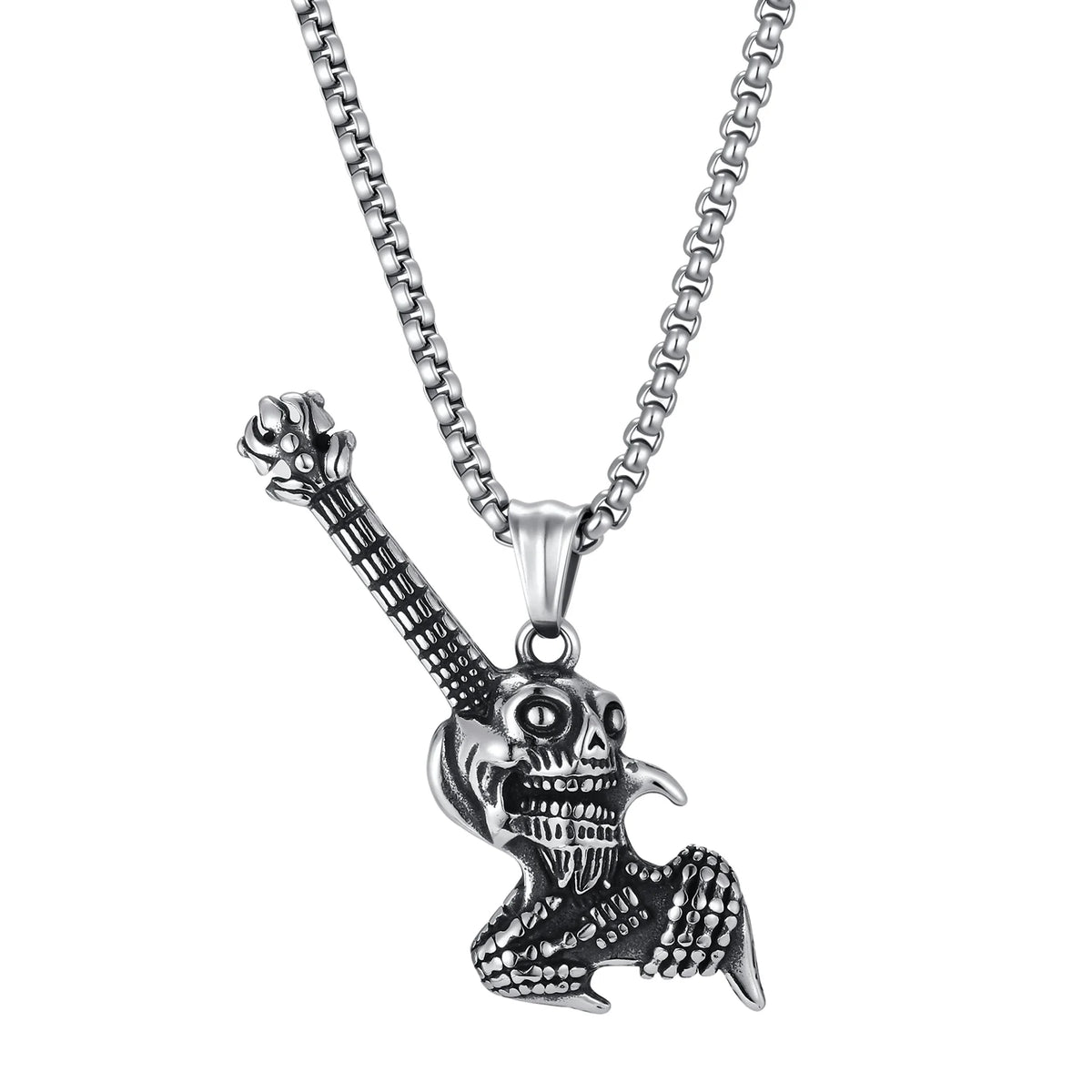 Gothic Hip Hop Skull Skeleton Guitar Necklace for Men Punk Instruments Pendant Stainless Steel Chain Neck Rock Jewelry Accessory