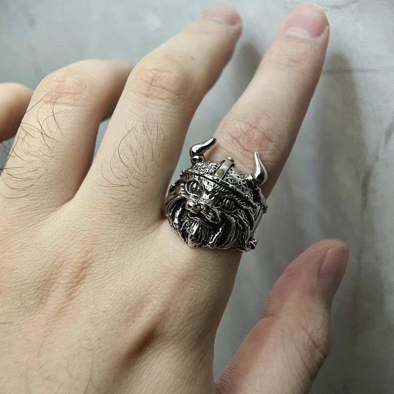 Viking Cat Open Adjustable Ring for Men — Silver-Tone