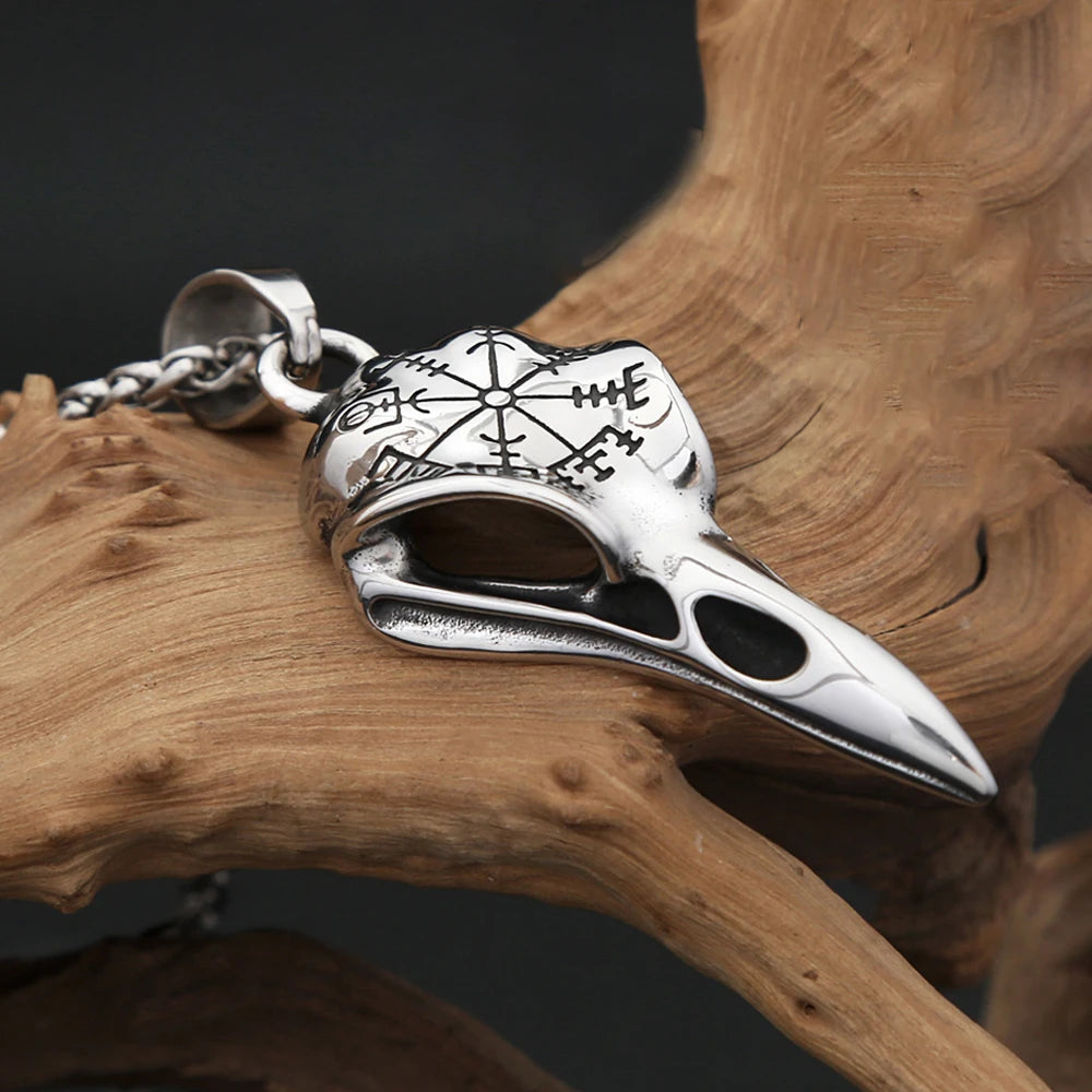 Vintage Fashion Vikings Compass Crow Head Pendant Necklace For Men Stainless Steel Nordic Animal Skull Necklaces Biker