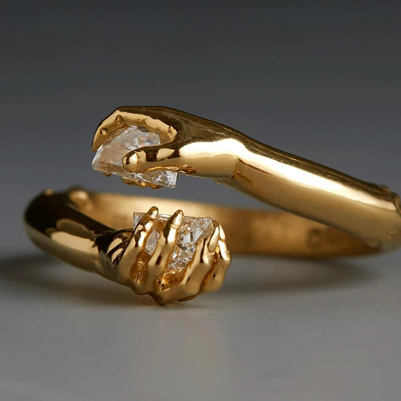 Hug Hands Open Adjustable Ring — Gold-Tone, Clear Stones