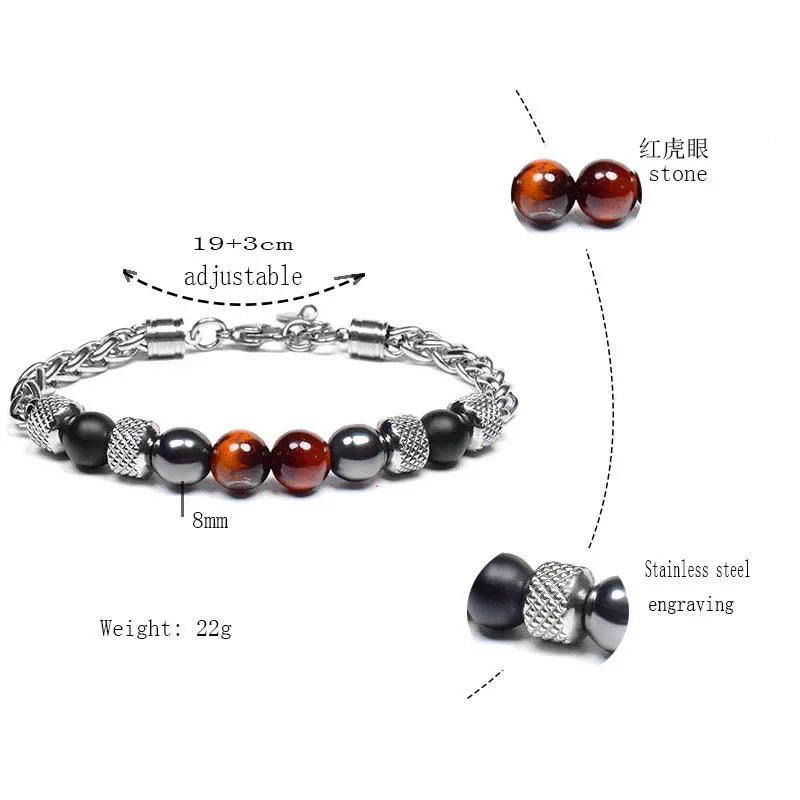 Tiger Eye Beaded Bracelet — Stainless Steel