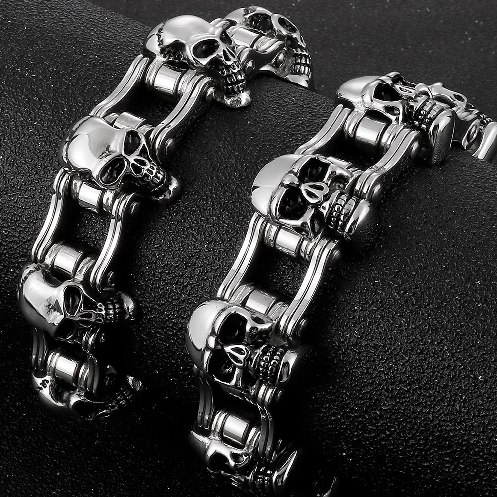 Men's Bike Chain Skull Bracelet Masculine Heavy Stainless Steel Skeleton Head Bracelets Party Accessories for Rapper